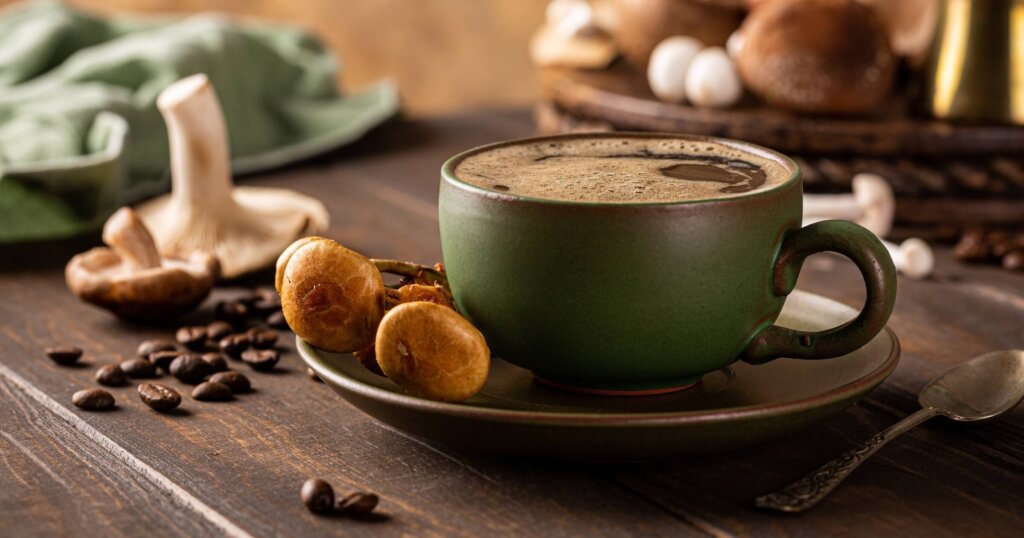 Mushroom coffee in green cup
