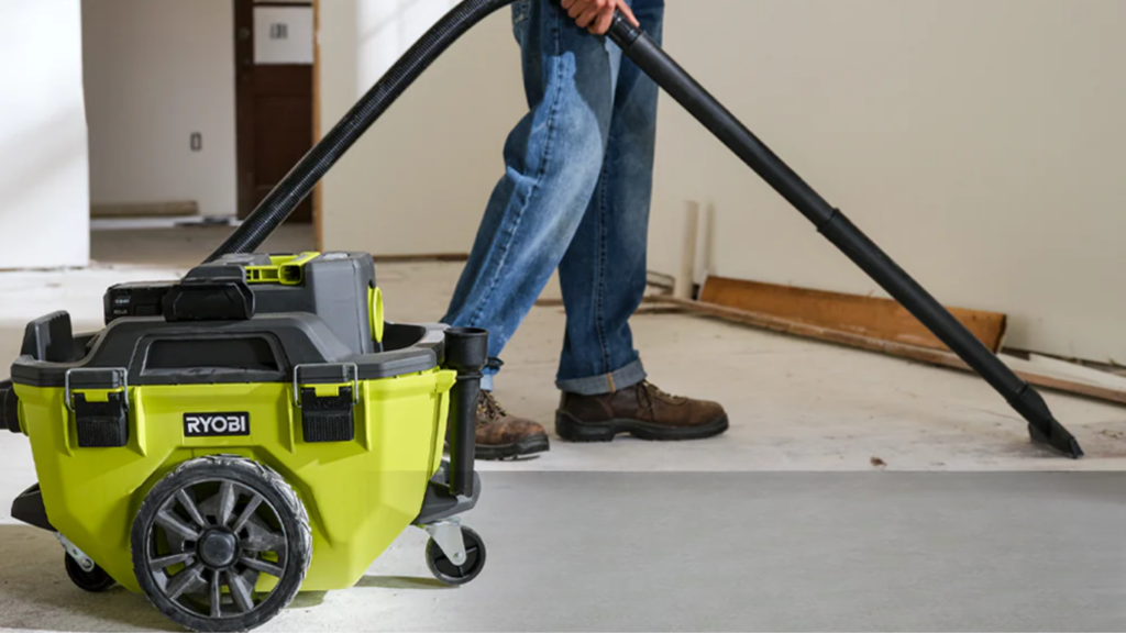 Ryobi cordless shop vac close up in use