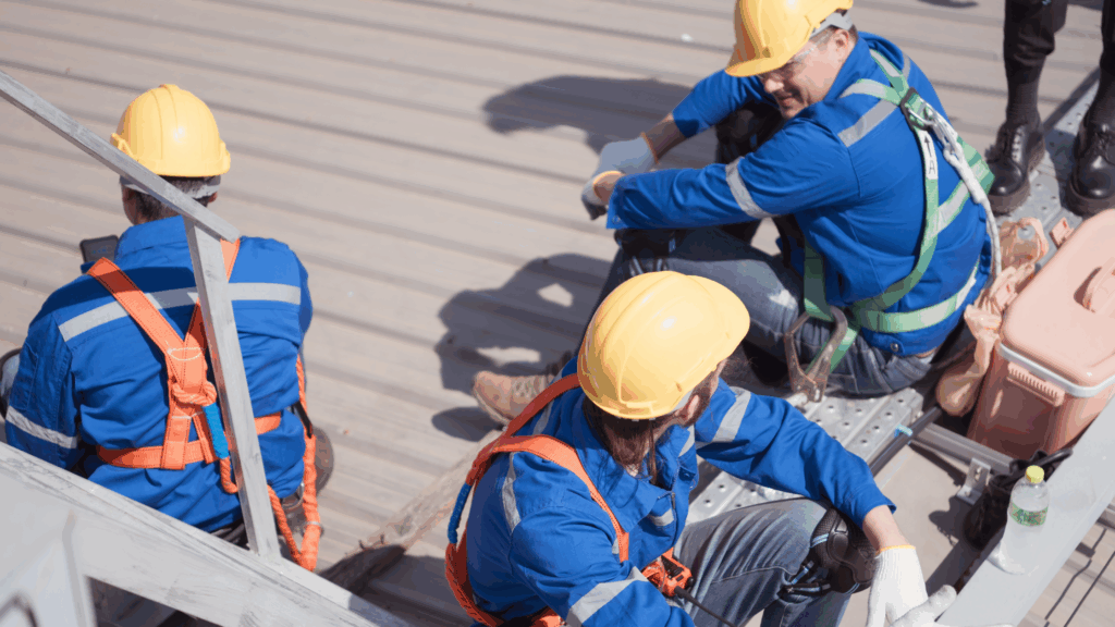 Workers taking break to prevent ergonomic injuries in construction