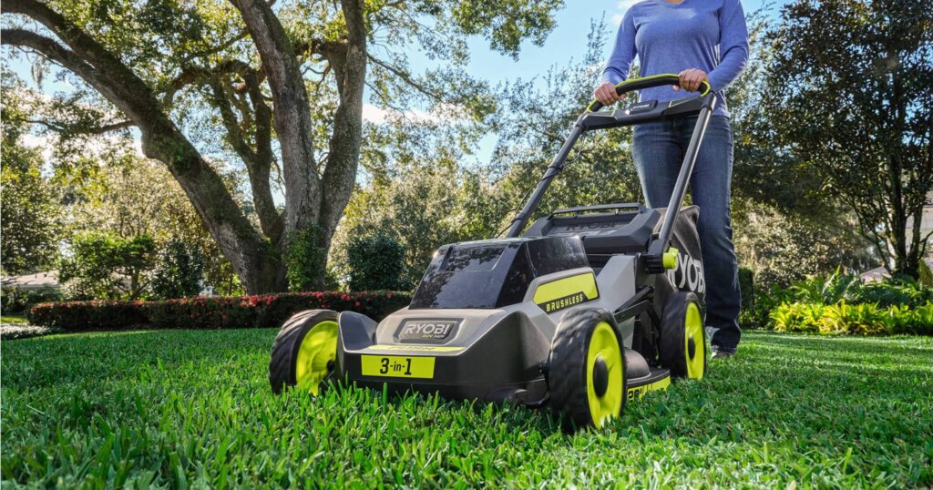 Ryobi 40V HP Brushless 20″ Push Mower mowing a lawn