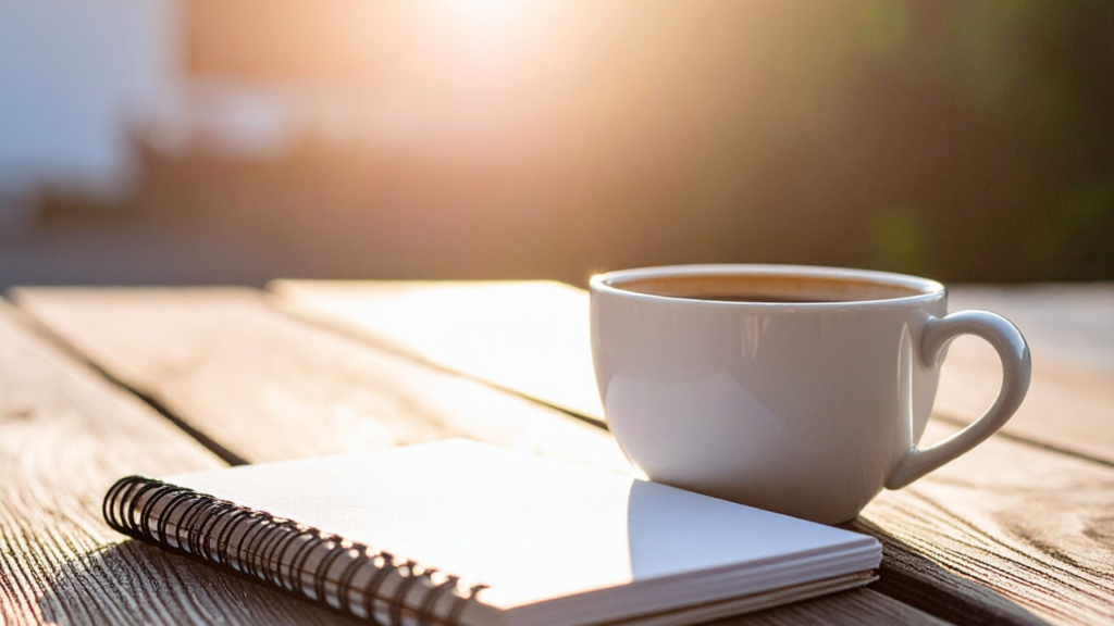 Coffee mug and journal in daylight