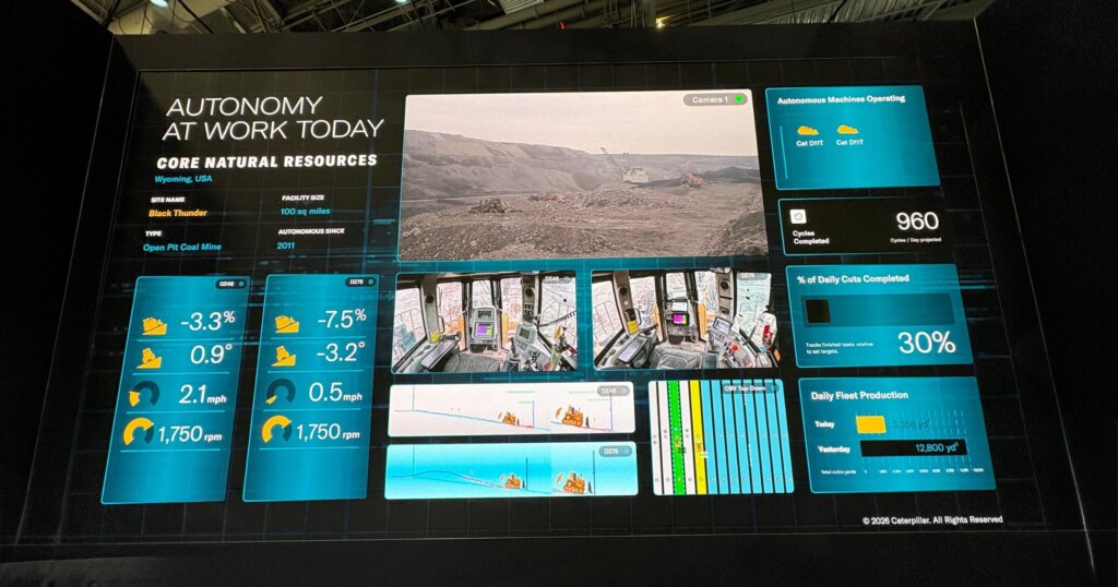 Caterpillar AI Assistant & Nexus at a quarry. Exhibition booth at CES 2026.