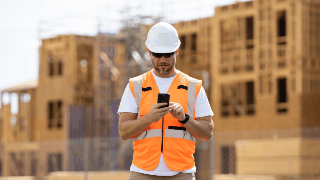Construction worker with phone as distraction risk