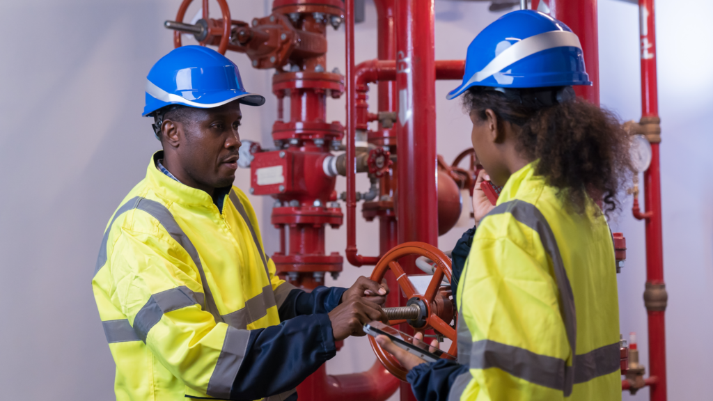 Female students learning how to become a sprinkler fitter from experienced male 