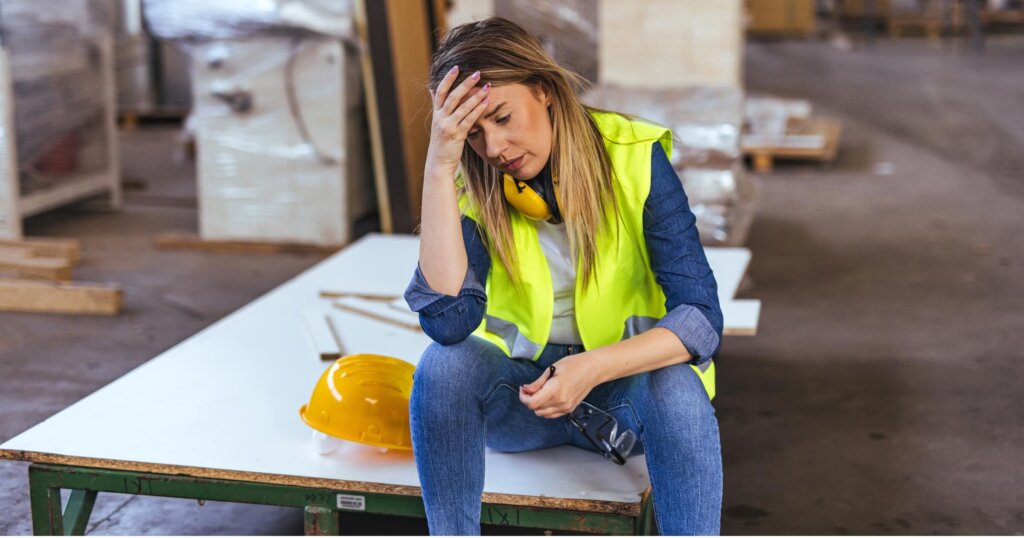 A woman worker in a reflective vest looks stressed, sitting in a warehouse. The environment depicts fatigue and workplace challenges. A construction hard hat lies nearby, highlighting industrial 