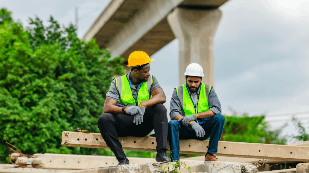 Co-workers talking outside; one of the easiest ways to ensure mental health safety among workers.