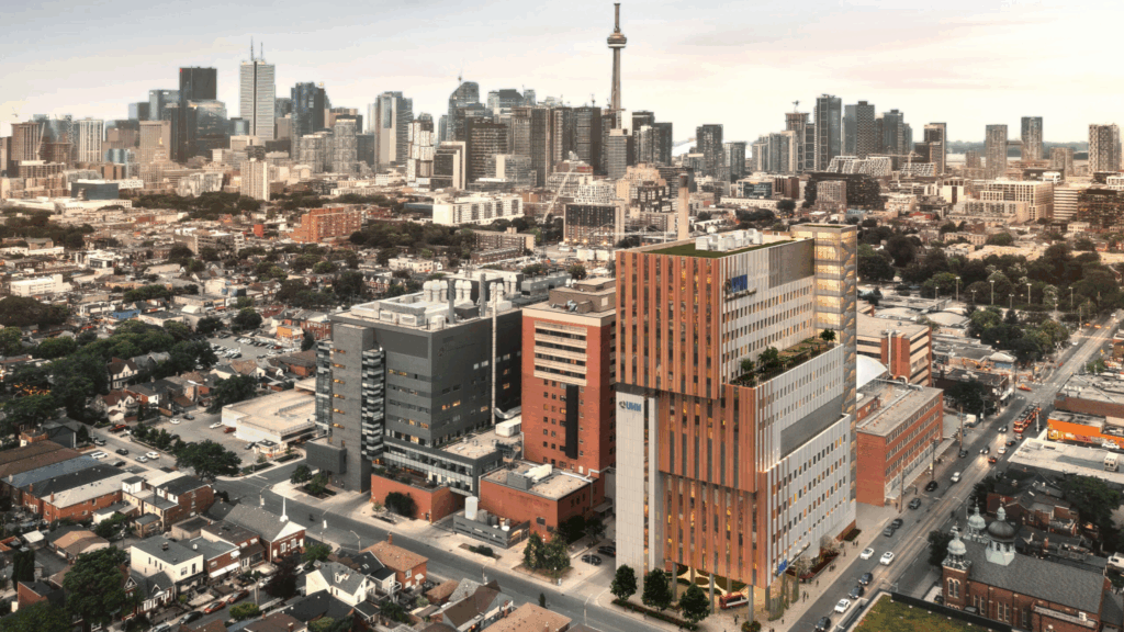 Aerial view of the UHN Surgical Tower integrated into the existing Toronto General Hospital campus