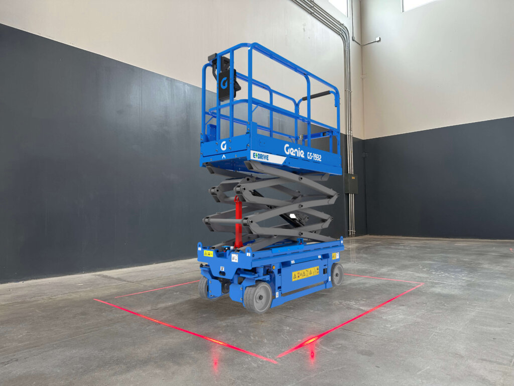 Genie lift guard zone lighting with laser projected onto the ground for boundaries.