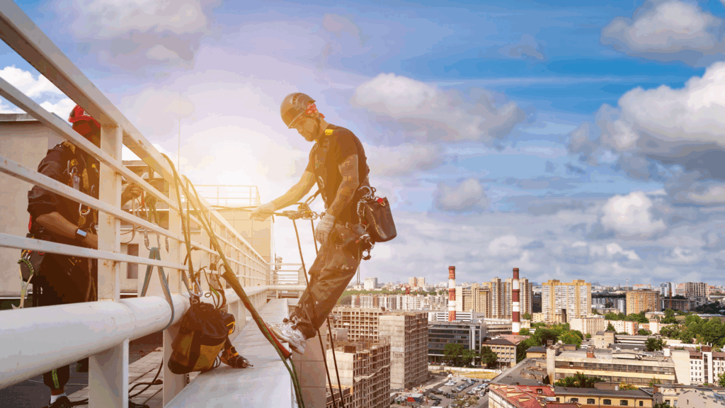 Worker on the edge of a building practicing proper safety when working at heights with fall-arrest system