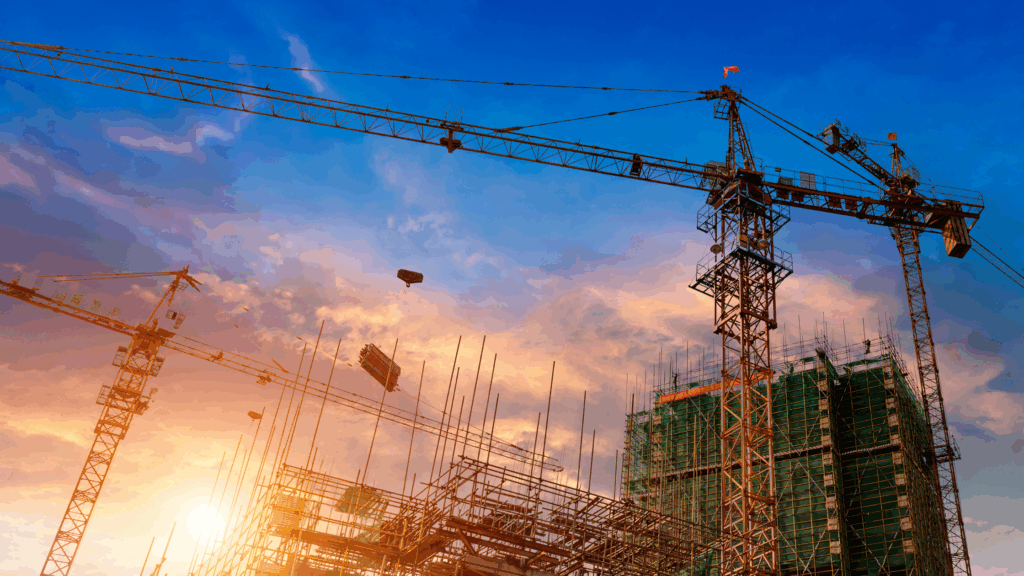 Sustainable building on horizon with tower cranes