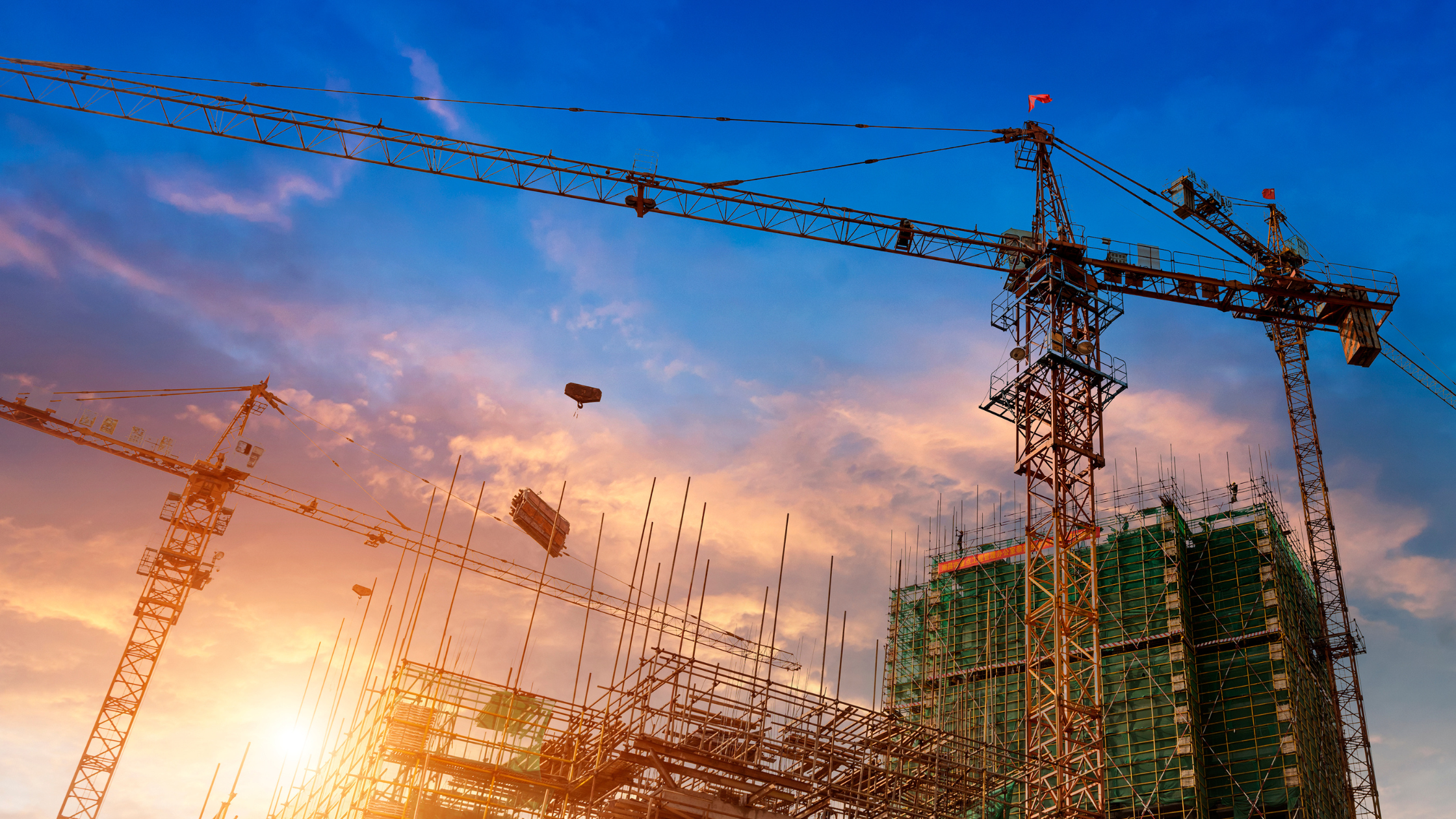 Sustainable building on horizon with tower cranes