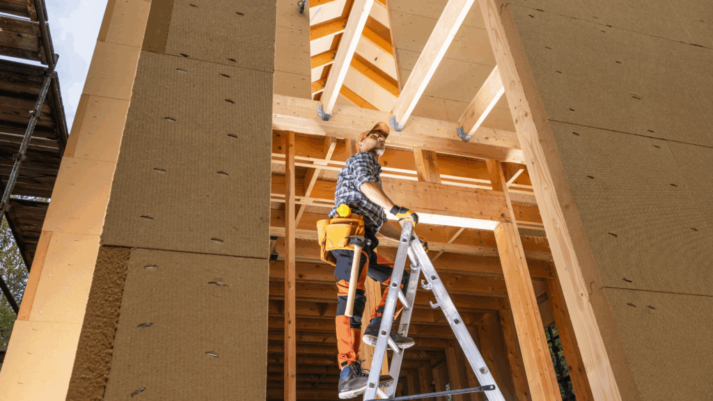 Contractor working on ladder in residential construction project