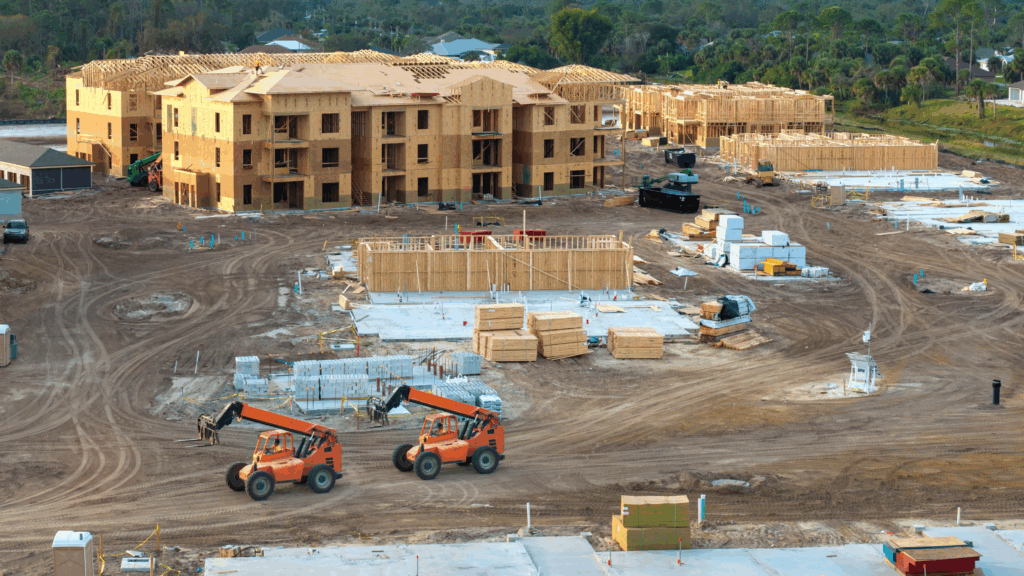 Construction site for low-rise wood-frame apartment buildings
