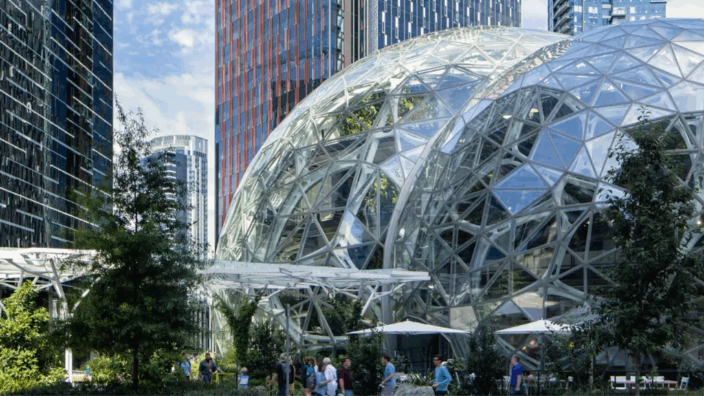 The Amazon Spheres combine computational design and prefabrication to create a controlled indoor ecosystem, shifting workplace design toward well-being and environmental performance.