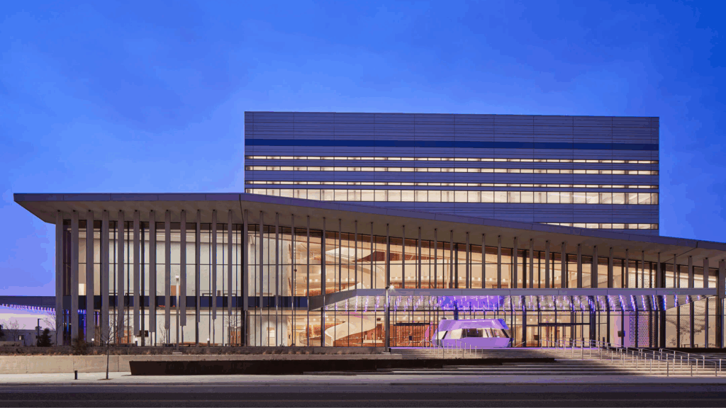 Exterior view of Diamond Schmitt's project, the Buddy Holly Hall of Performing Arts and Sciences