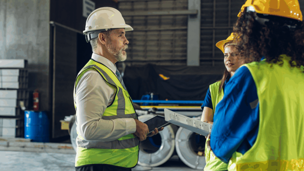 Gen Z construction workers in briefing by foreman