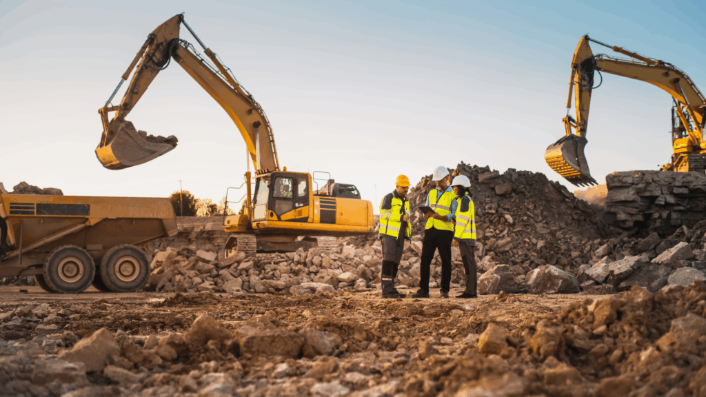Construction crew reviewing site plans for sustainability on a tablet between two excavators and a dump truck, with equipment actively loading rubble on a jobsite.