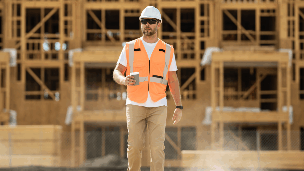 Construction worker with coffee on jobsite