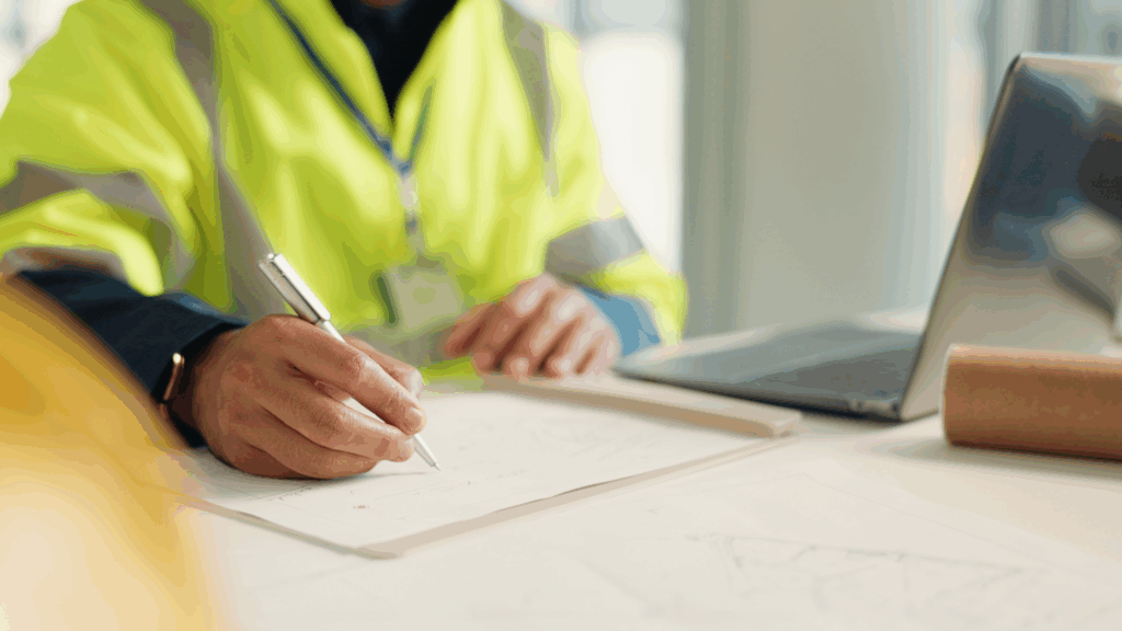 Field worker reviewing original plan to comply with new change order.