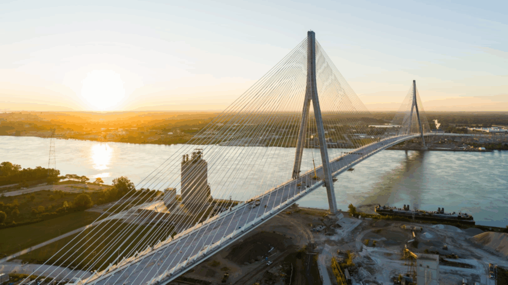 The Gordie Howe International Bridge stretches across the Detroit River, a massive binational project redefining cross-border infrastructure and trade between Canada and the United States.