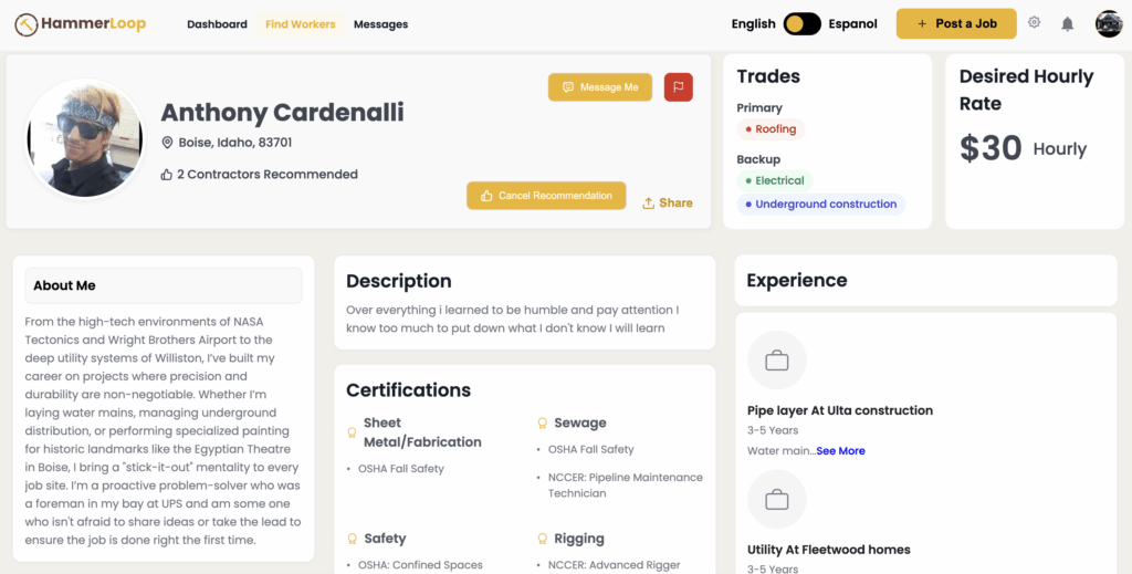 Hammerloop's worker dashboard displaying certifications, hourly rate, and more. 