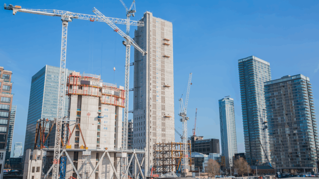 A modern urban construction site with high-rise buildings and cranes