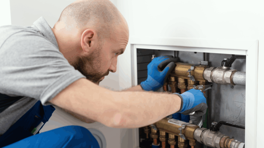 Plumber working on lines in small wall cavity