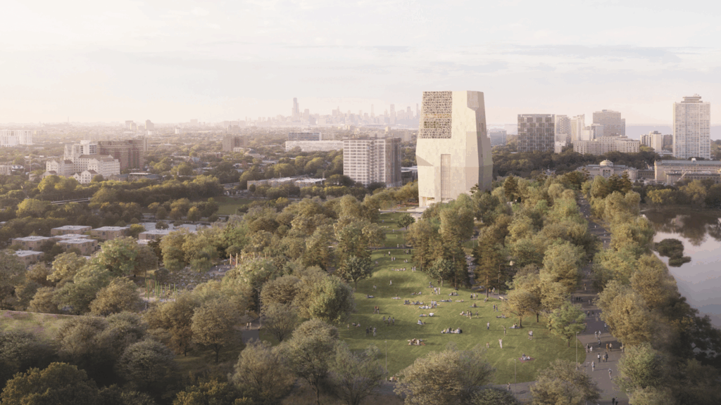 Aerial view of the grounds of the Obama Presidential Center