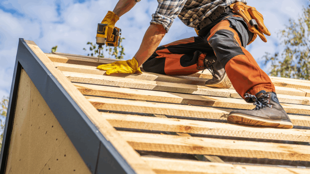 Skilled trades person working on roof of a house