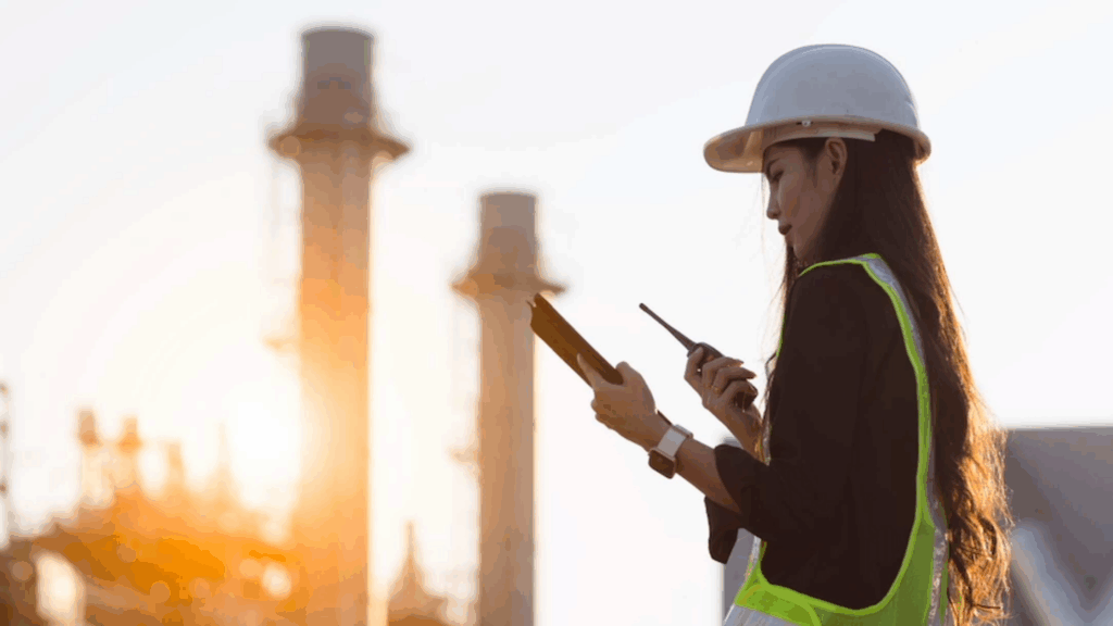 Women in construction talking in radio