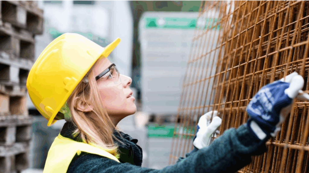 Woman in construction working with steel