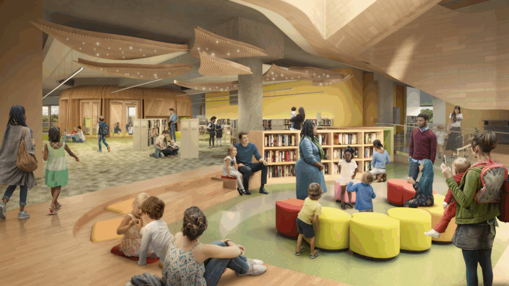 Net-zero, custom-built, and culturally designed: what Ādisōke library reveals about modern civic construction 2 Ādisōke library children's area rendering showing custom wood ceiling elements, bespoke millwork, and colourful seating in the public library space