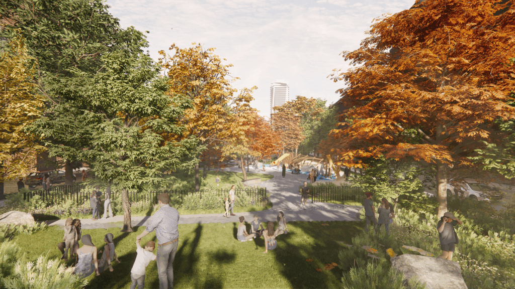 David Crombie Park revitalization rendering showing upgraded pathways, mature trees, landscaping, and community spaces in Toronto's St. Lawrence neighbourhood