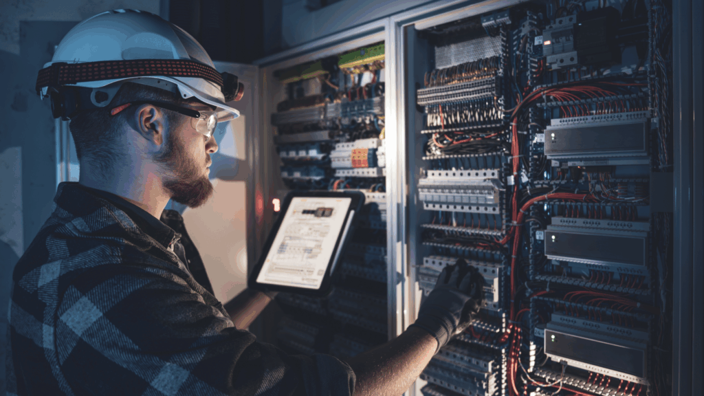Is being an electrician a good career? Here's what the pay, demand, and daily work actually look like 1 Electrician focused on work in switchboard with fuses, using tablet