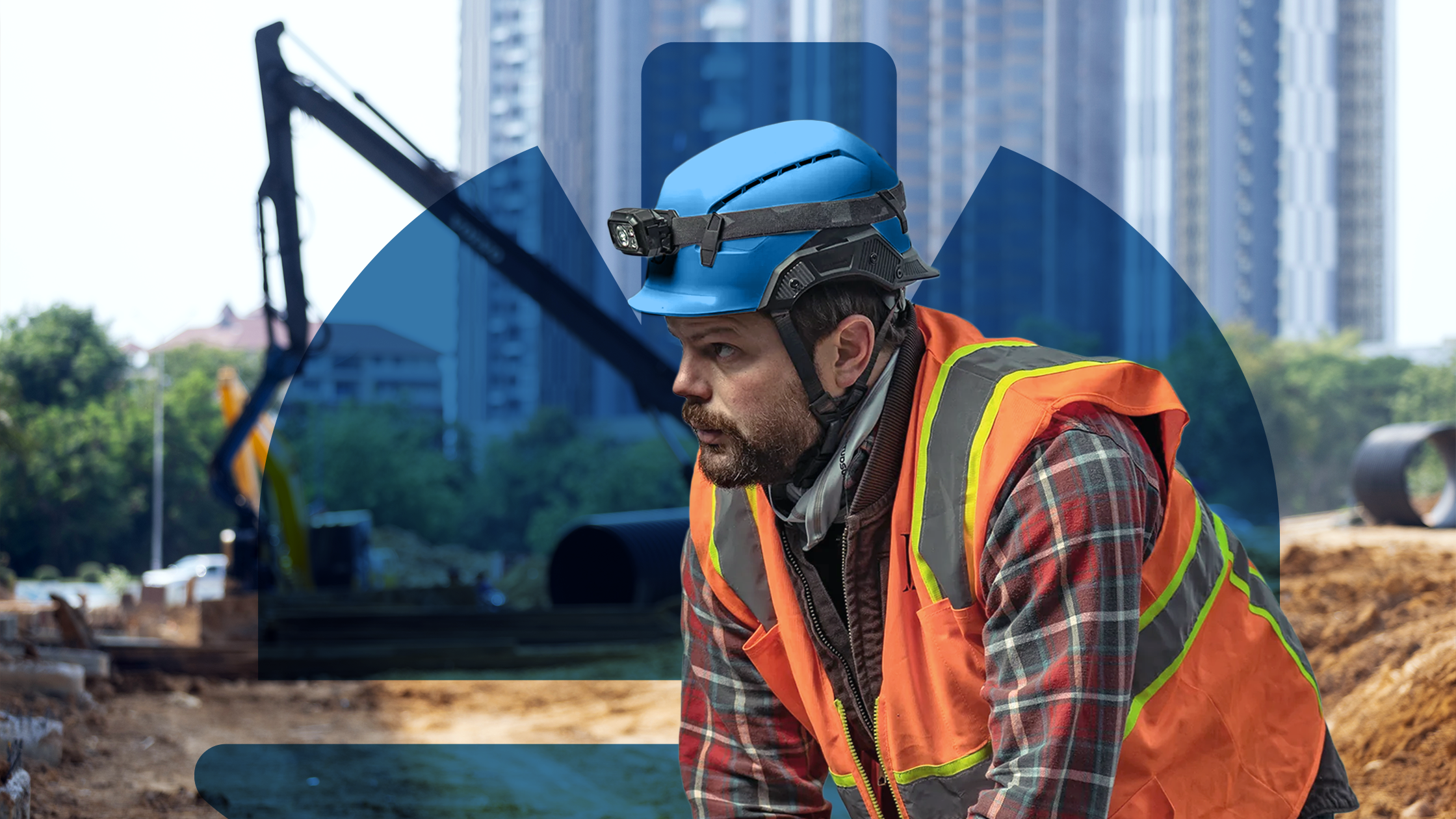 Construction worker with a safety helmet on site to prevent injuries.