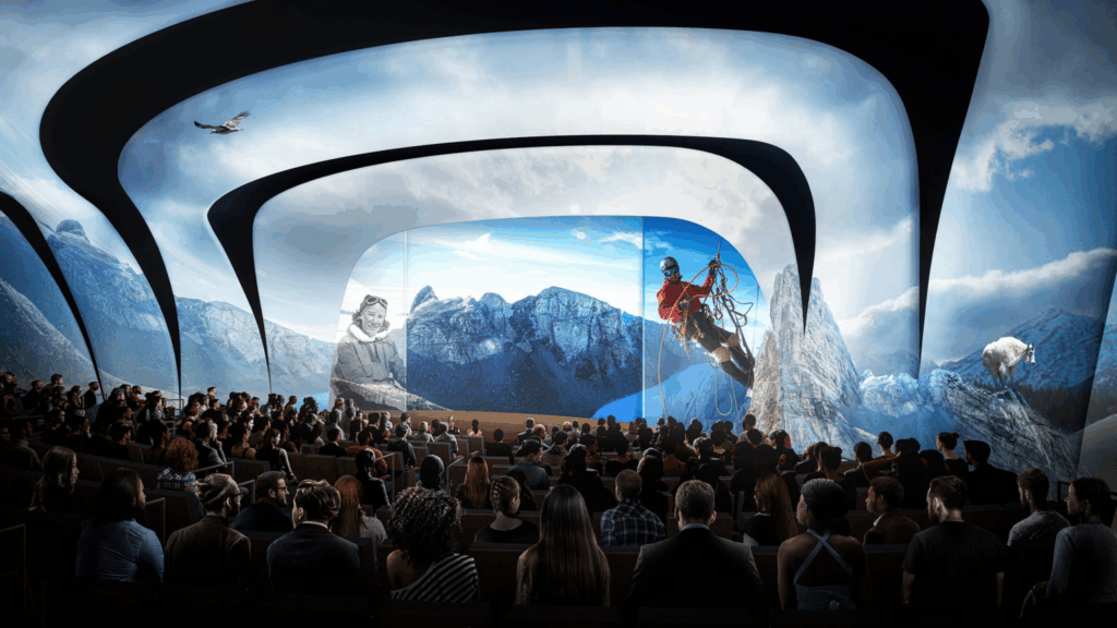 National Geographic Museum of Exploration immersive theater rendering showing curved architectural elements, wraparound display screens, and integrated lighting systems