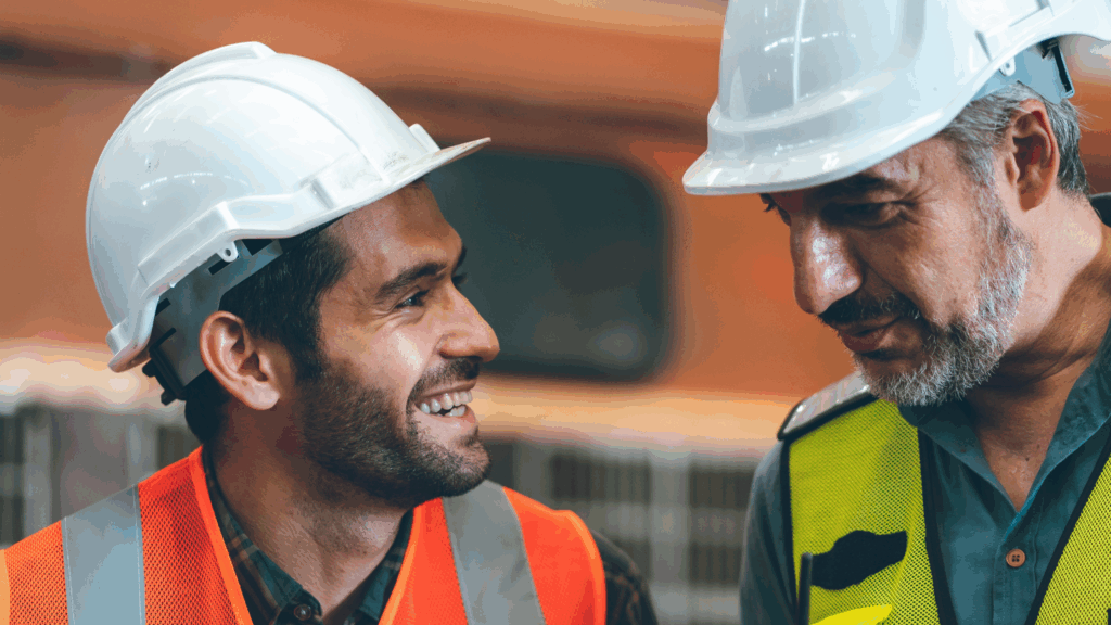 Two construction workers wearing head protection to prevent head injuries in construction
