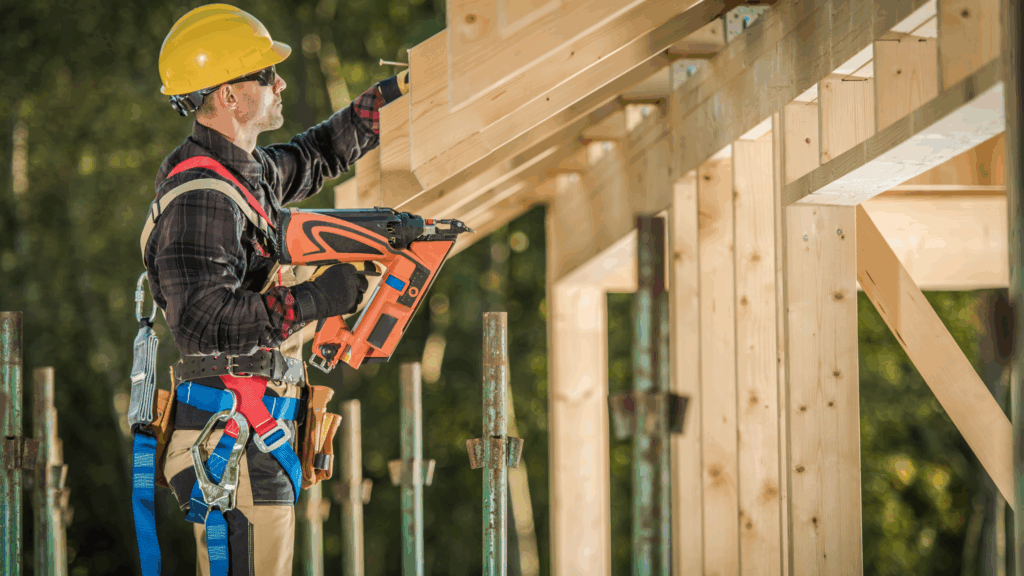 Framer practicing nail gun safety by wearing appropriate PPE