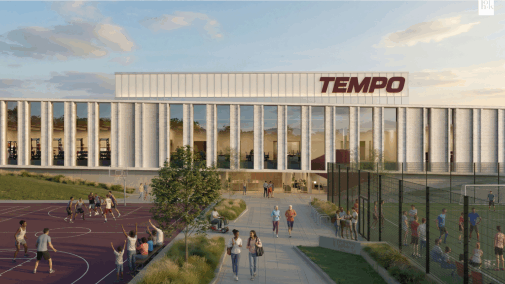 The Toronto Tempo facility is a preview of where sports infrastructure is heading 2 Toronto Tempo Performance Center main entrance rendering with public courts, landscaped pathways, and community activity outside the facility