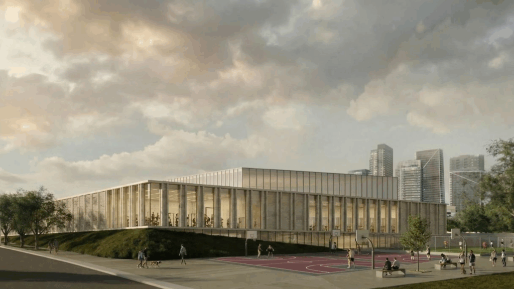 The Toronto Tempo facility is a preview of where sports infrastructure is heading 1 Toronto Tempo Performance Center exterior rendering showing glazed facade, outdoor basketball courts, and Toronto skyline in the background