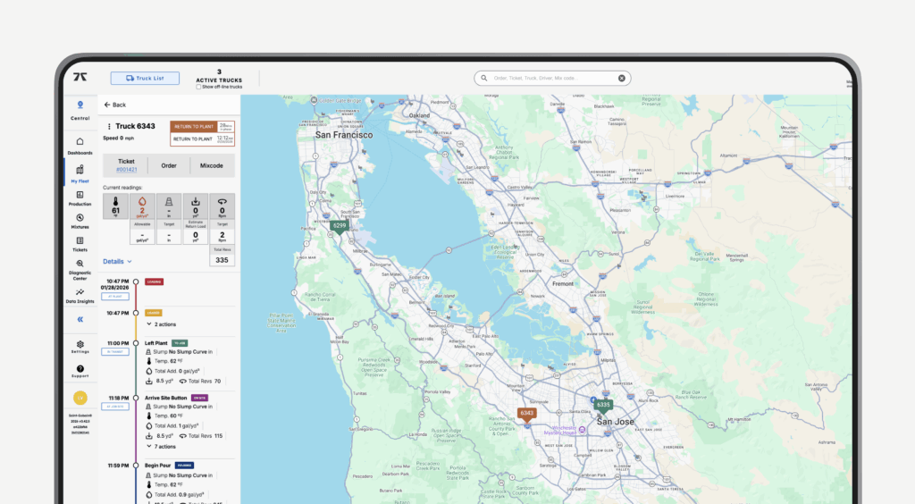 Verifi Hub concrete management dashboard displayed on laptop showing real-time truck locations fleet map mix codes and delivery tracking
