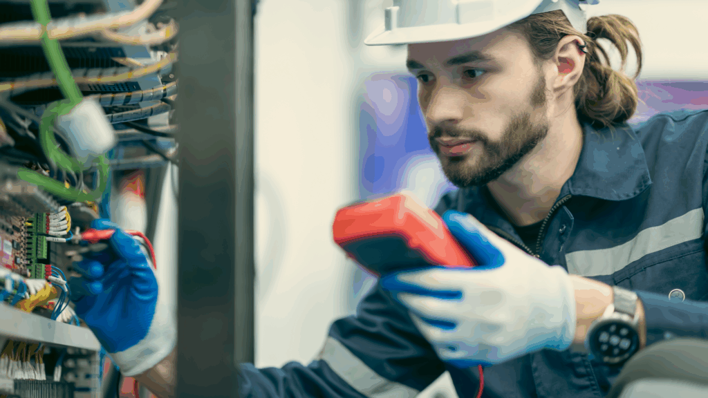 Young male electrician working on panel