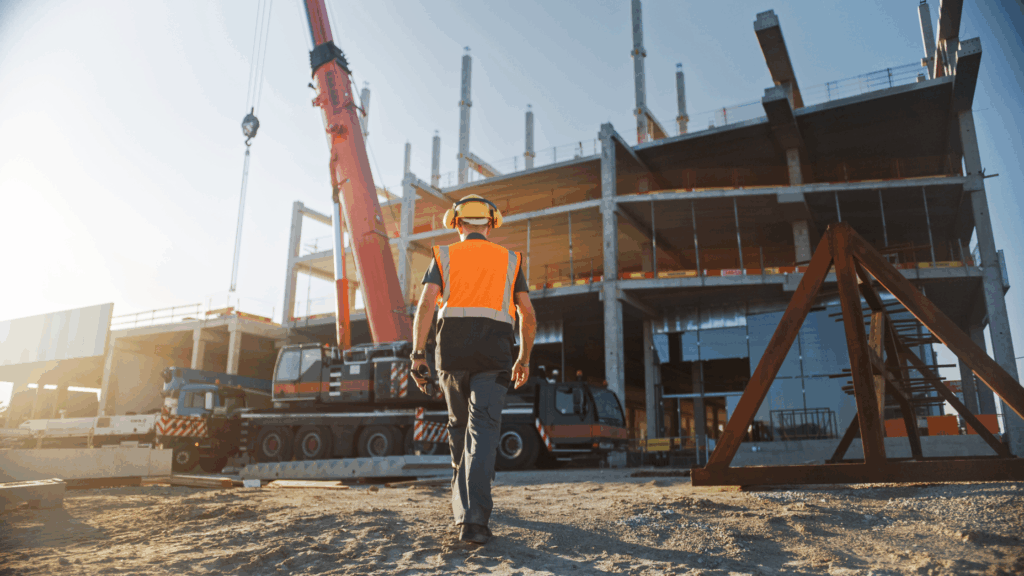 Worker walking onto residential construction site