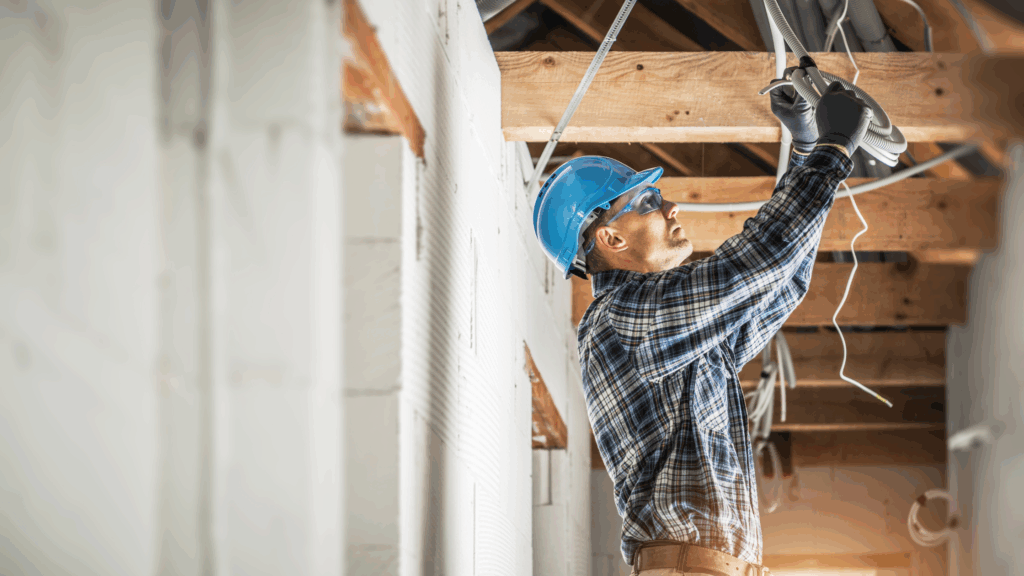 Electrician installing overhead wiring in a residential build