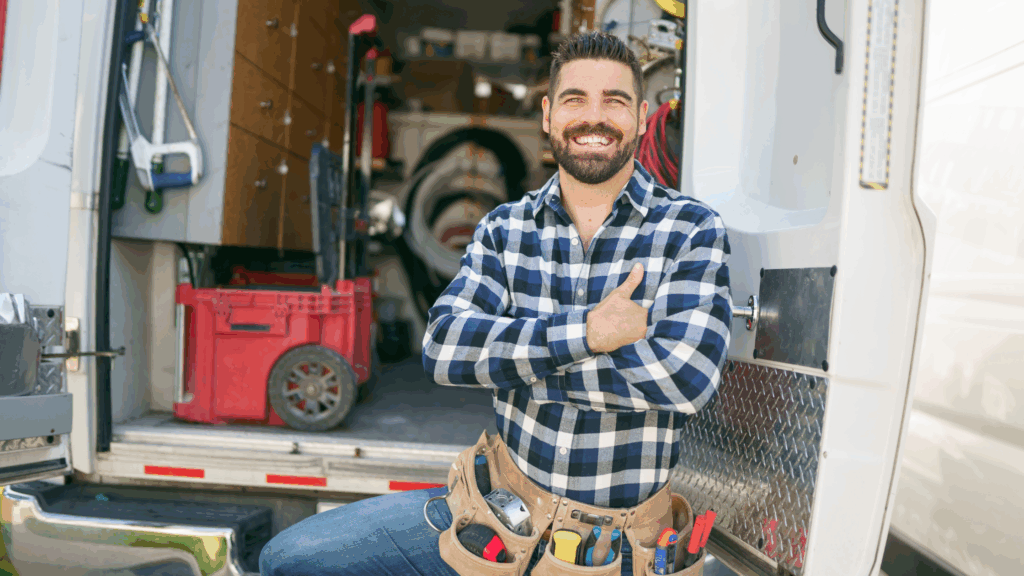 Smiling electrician outside van