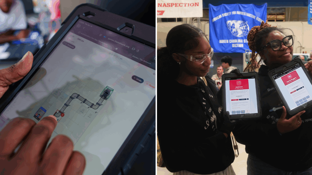Students using Stiegler EdTech tablet-based gamified construction trades learning platform at ABC Carolinas workforce development event